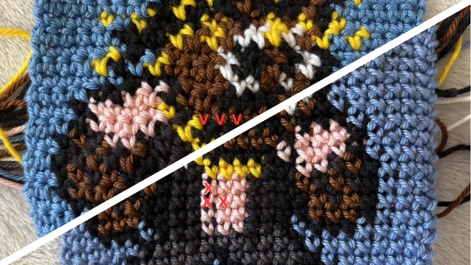 difference between V&rsquo;s via yarning over and X&rsquo;s via yarning under in pixel art tapestry crochet